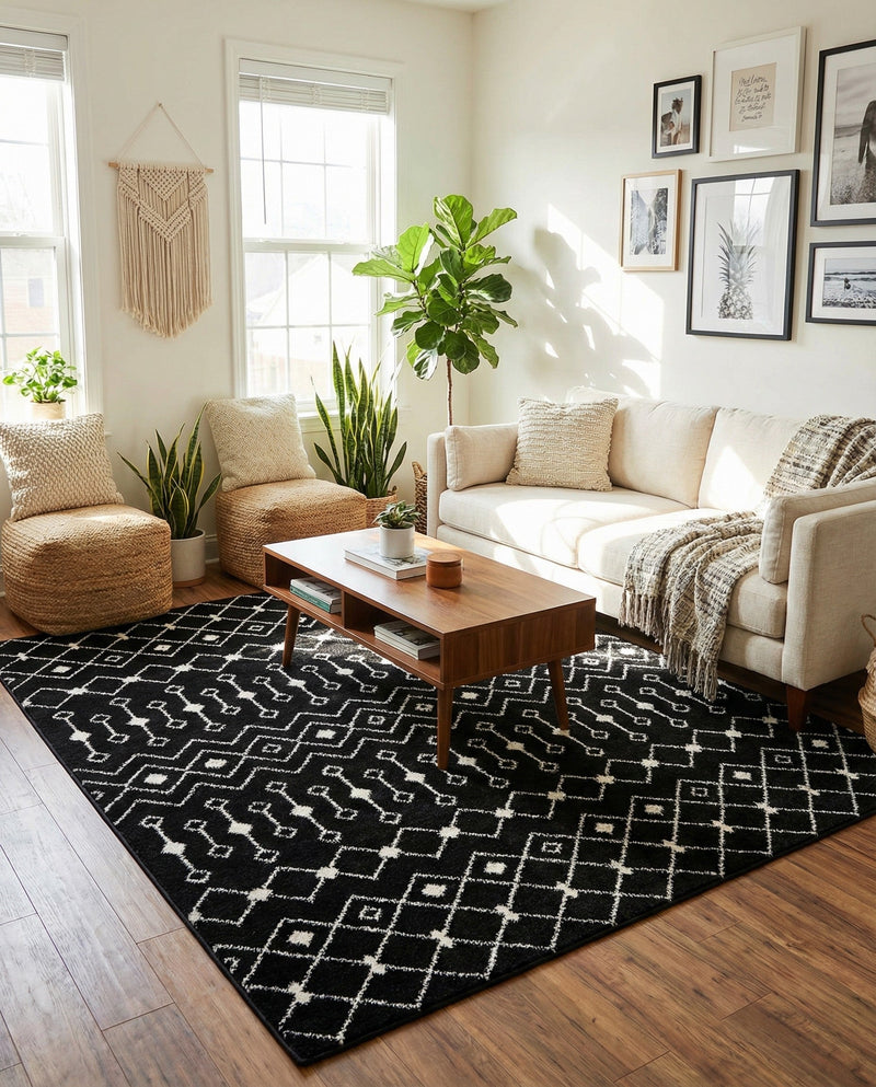 Mediterranean Lattice Collection Area Rug - Santorini (Black and White) Square Black and White  lifestyle 60