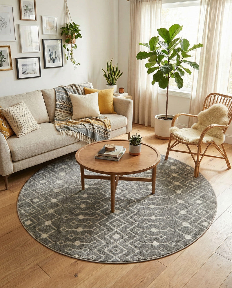Mediterranean Lattice Collection Area Rug - Santorini (Gray) Round Gray  lifestyle 30