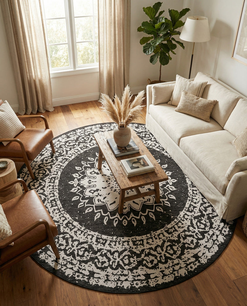 Patio Heritage Collection Area Rug -  Lafayette (Black and White) Round Black and White  lifestyle 57
