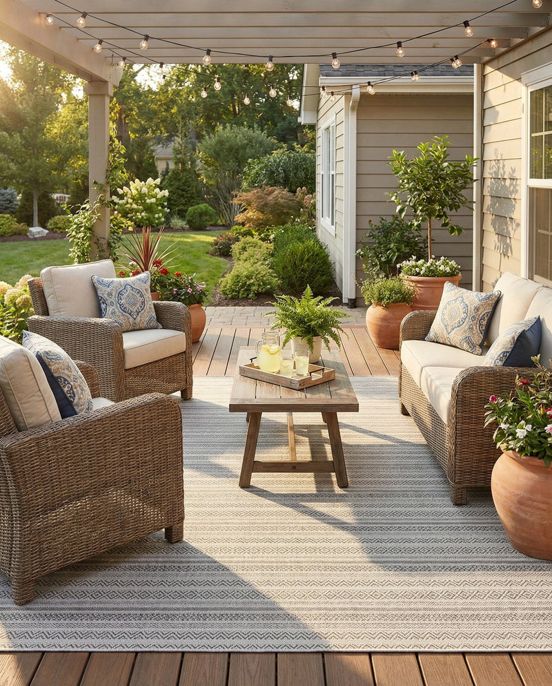 Seaside Stripes Collection Area Rug -  Boardwalk (Beige) Square Beige  lifestyle 73