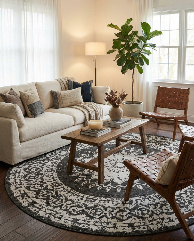 Patio Heritage Collection Area Rug -  Lafayette (Black and White) Round Black and White  lifestyle 20