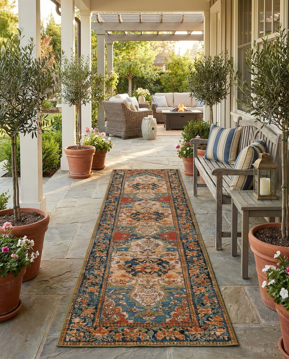 Patio Heritage Collection Area Rug -  Grove Runner Navy Blue and Rust Red  lifestyle 97