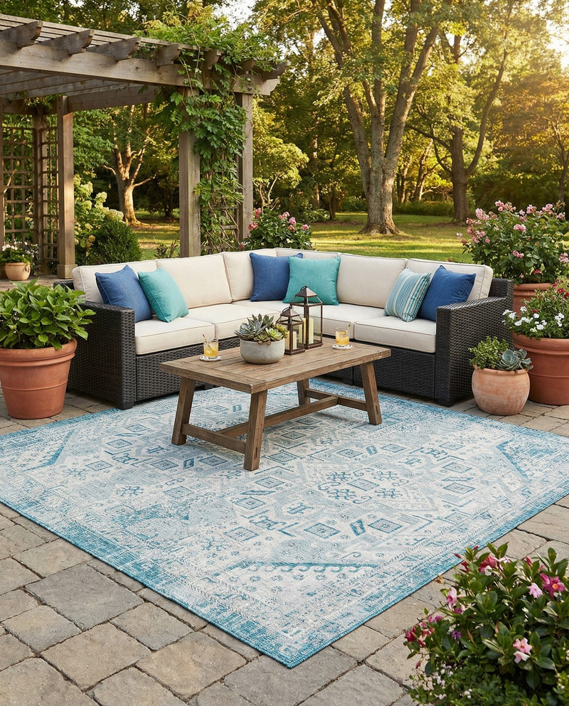 Tribal Terrace Treasures Collection Area Rug - Mayan Marina (Teal) Square Teal  lifestyle 39