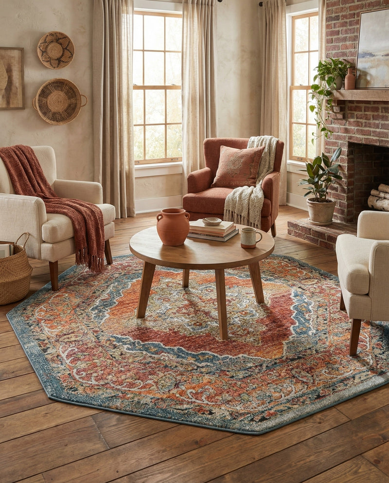 Savannah Soiree Collection Area Rug - Serengeti (Rust Red) Octagon Rust Red  lifestyle 65