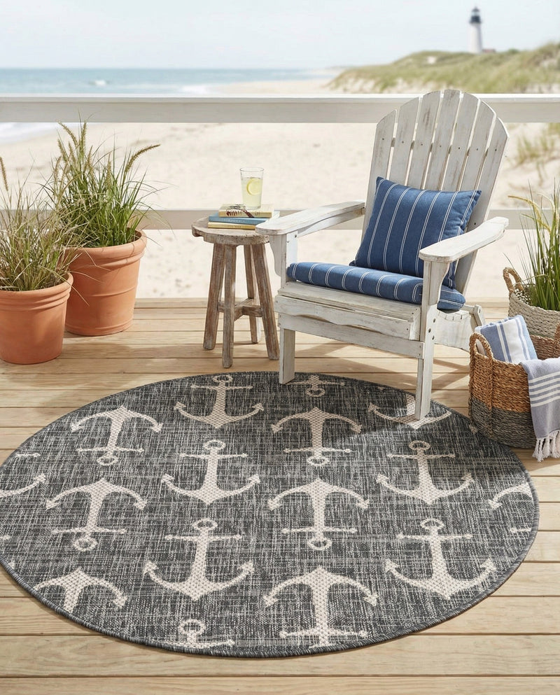 Seaside Haven Rugs Collection Area Rug - Sapphire (Charcoal) Round Charcoal  lifestyle 43