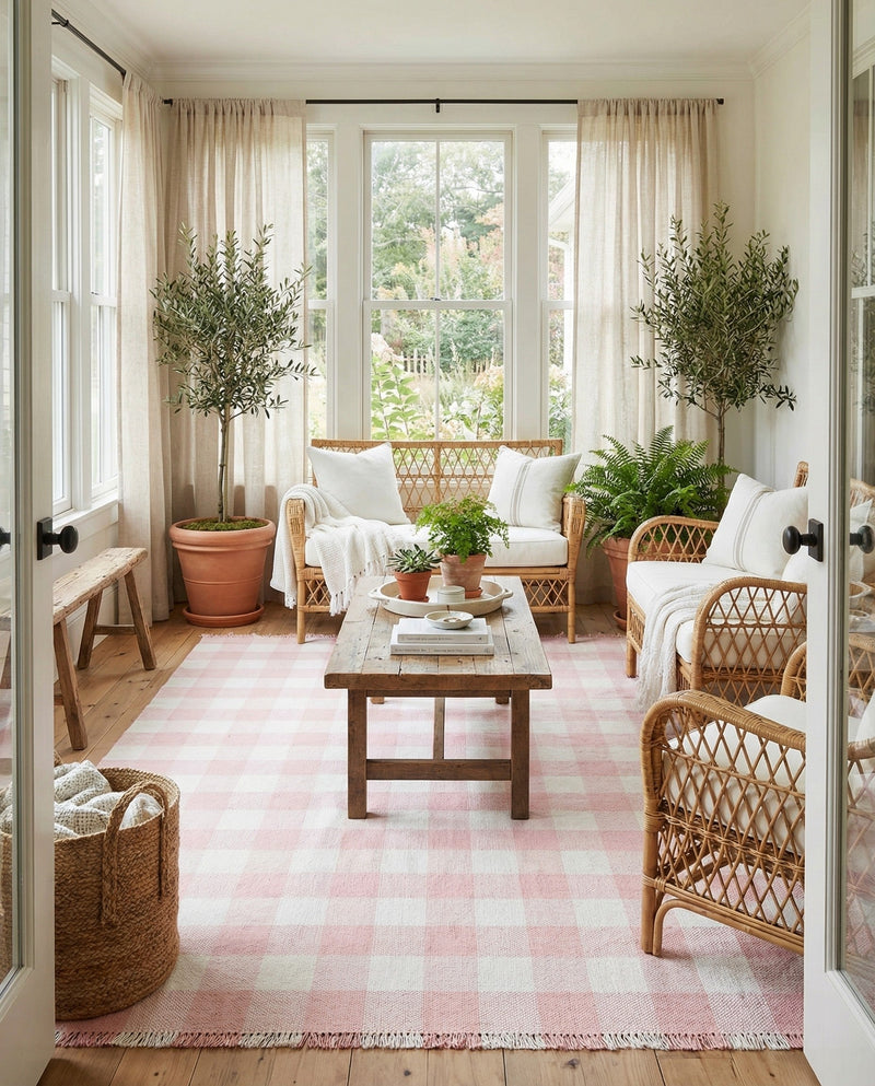 Sustainable Grid Indoor-Outdoor Oasis Collection Area Rug - Savannah Rectangle Pink  lifestyle 27