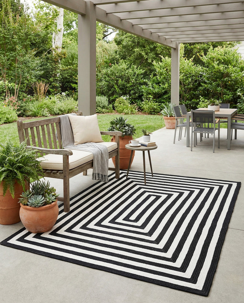 Sustainable Strands Indoor-Outdoor Oasis Collection Area Rug - Harborview Rectangle Black and White  lifestyle 11