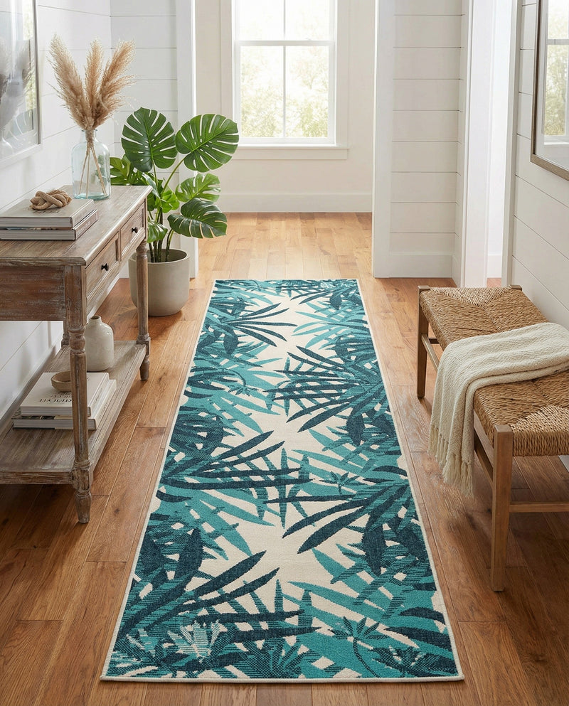 Seaside Blooms Collection Area Rug -  Provence Runner Teal blue  lifestyle 51