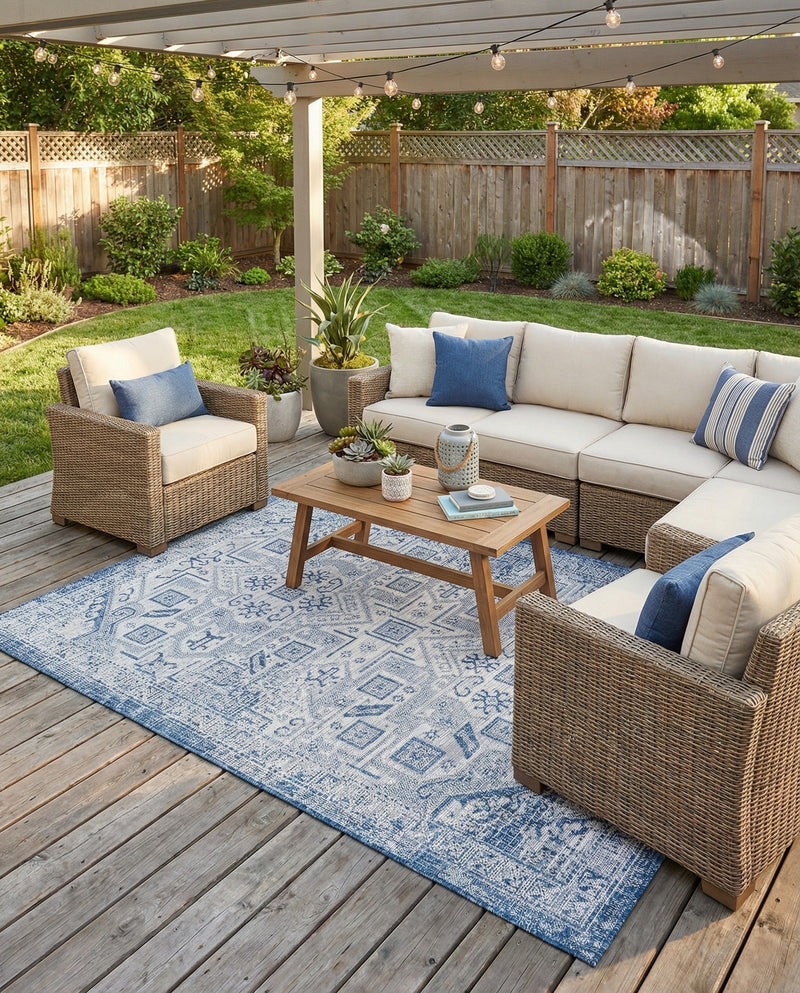 Tribal Terrace Treasures Collection Area Rug - Mayan Marina (Blue) Rectangle Blue  lifestyle 34