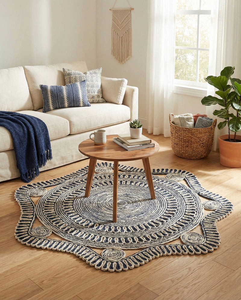 Woven Seaside Jute Collection Area Rug - Nantucket Round Navy and White  lifestyle 24