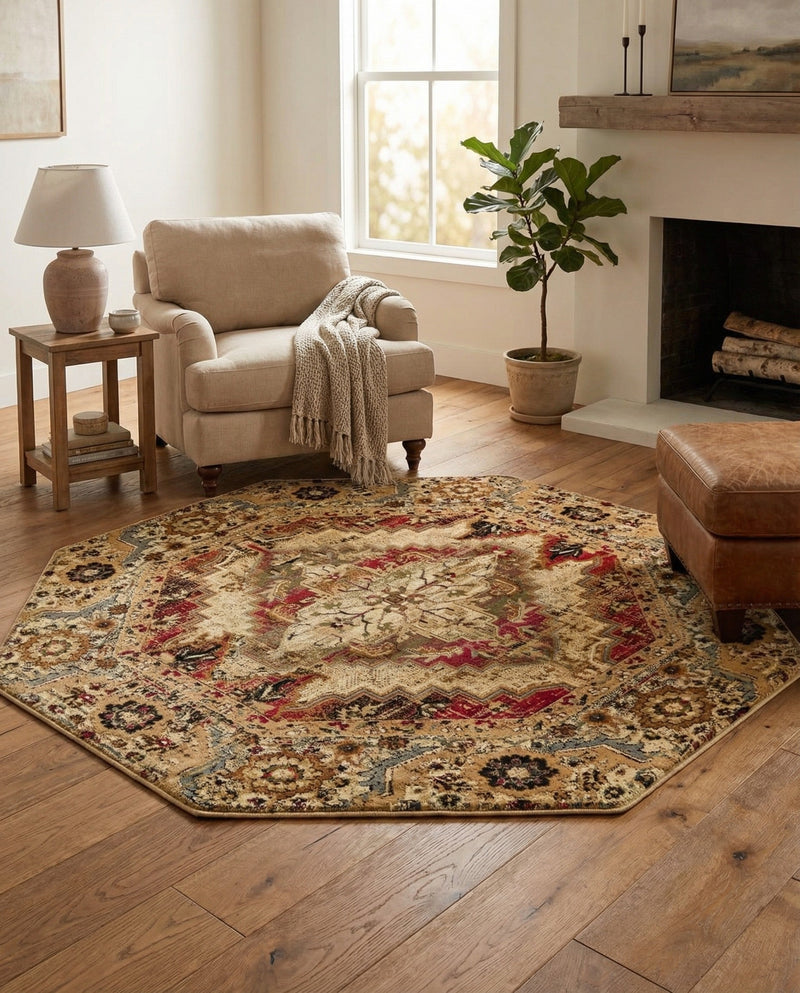 Neptune Elegance Collection Area Rug -  Naiad Octagon Burgundy Beige  lifestyle 62