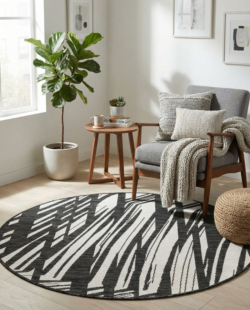 Urban Terrace Collection Area Rug -  Queens Round Black and White  lifestyle 43
