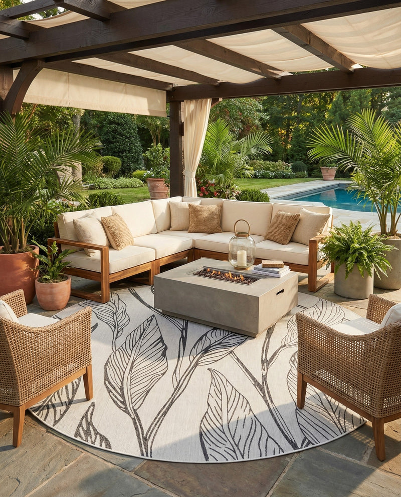 Seaside Blooms Collection Area Rug -  Evergreen (Charcoal Ivory) Round Charcoal Ivory  lifestyle 16