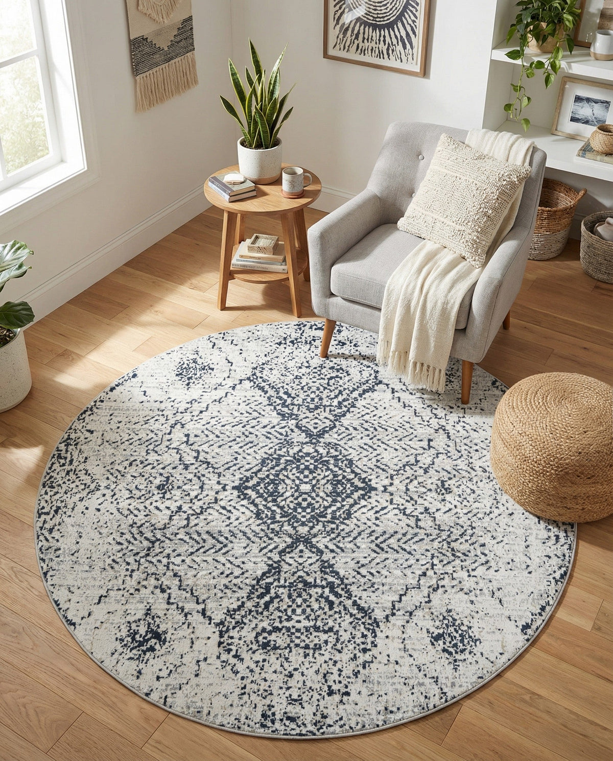 Aegean Elegance Washables Collection Area Rug -  Naxos Round Black and White  lifestyle 126