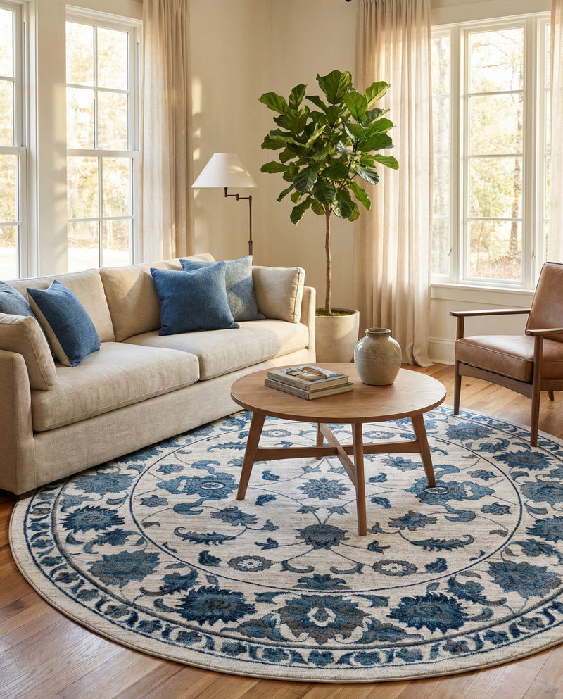 Charleston Elegance Collection Area Rug -  Seaport (White Blue) Round White Blue  lifestyle 78