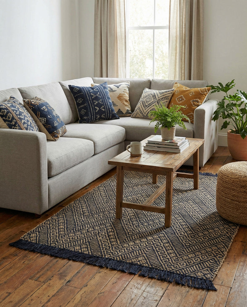 Woven Seaside Jute Collection Area Rug - Oia Rectangle Navy Blue and White  lifestyle 33