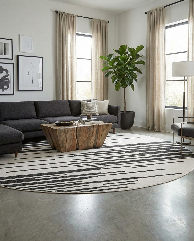 Urban Terrace Collection Area Rug -  Riverside Round Black and White  lifestyle 80