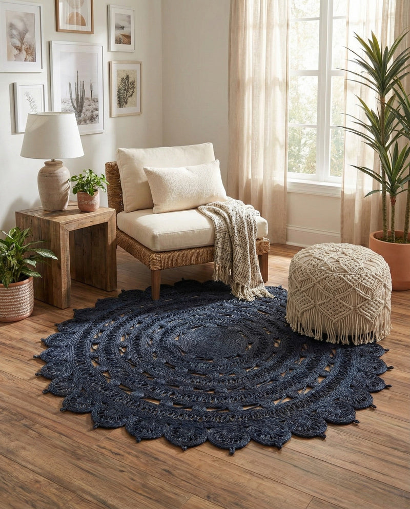 Woven Seaside Jute Collection Area Rug - Coastalhaven (Navy Blue) Round Navy Blue  lifestyle 30