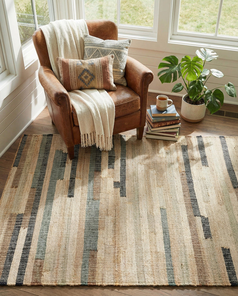 Benares Handwoven Jute Collection Area Rug -  Varanasi Rectangle Beige  lifestyle 8