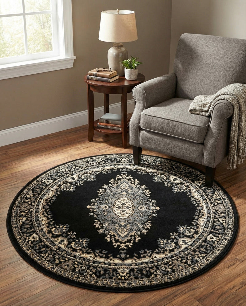 Tabriz Tapestry Collection Area Rug - Azerbaijan (Black) Round Black  lifestyle 80