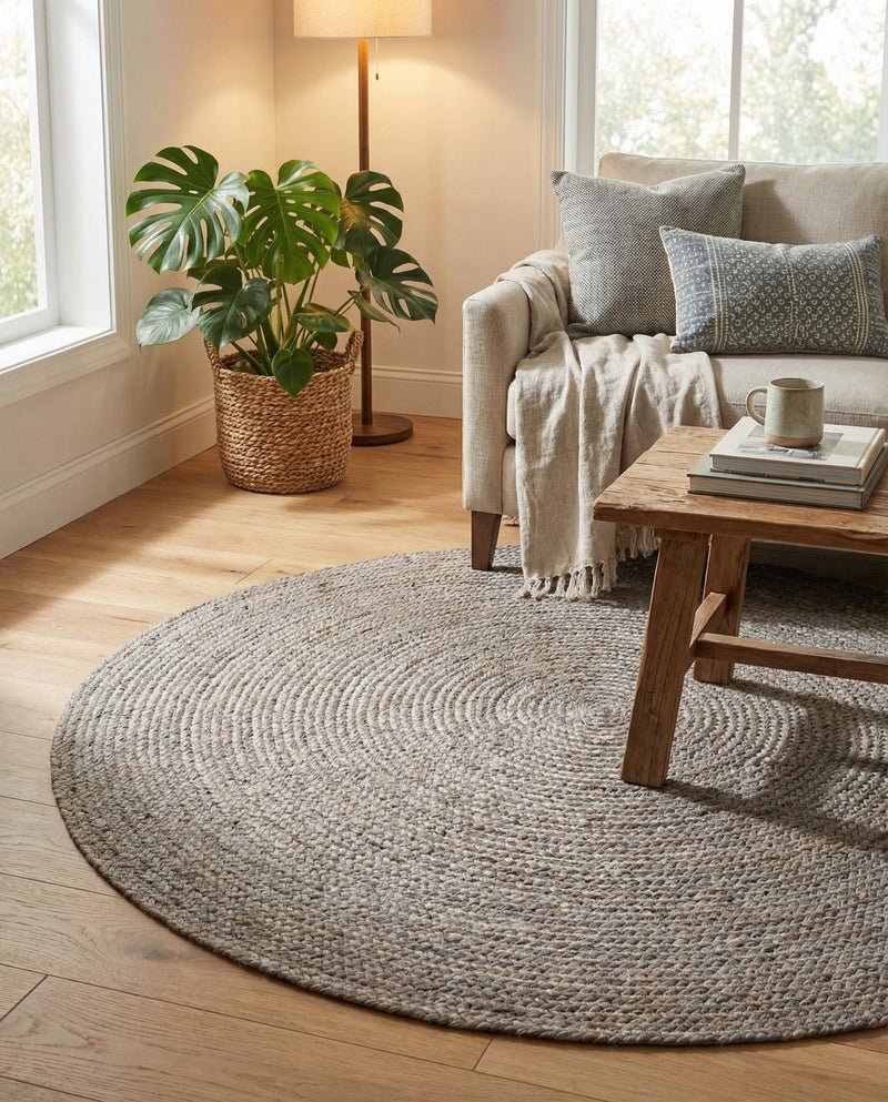 Woven Seaside Jute Collection Area Rug - Savannah (Gray) Round Gray  lifestyle 50