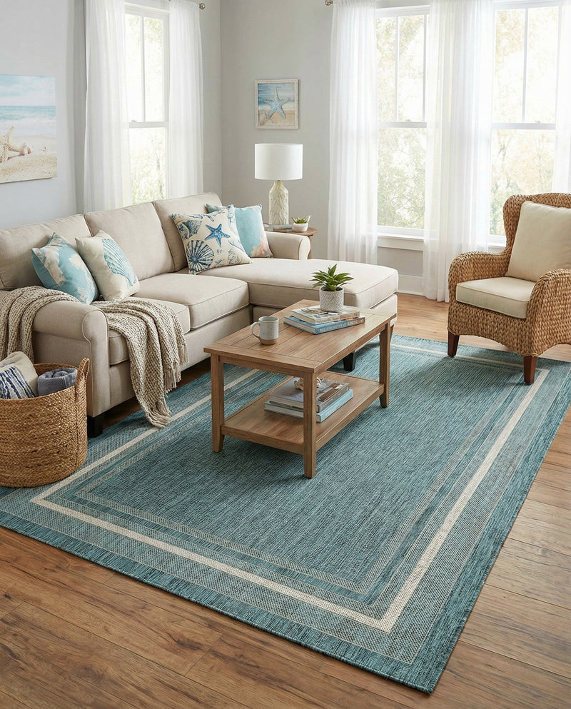 Terrace Fringe Collection Area Rug - Veranda (Teal) Rectangle Teal  lifestyle 21