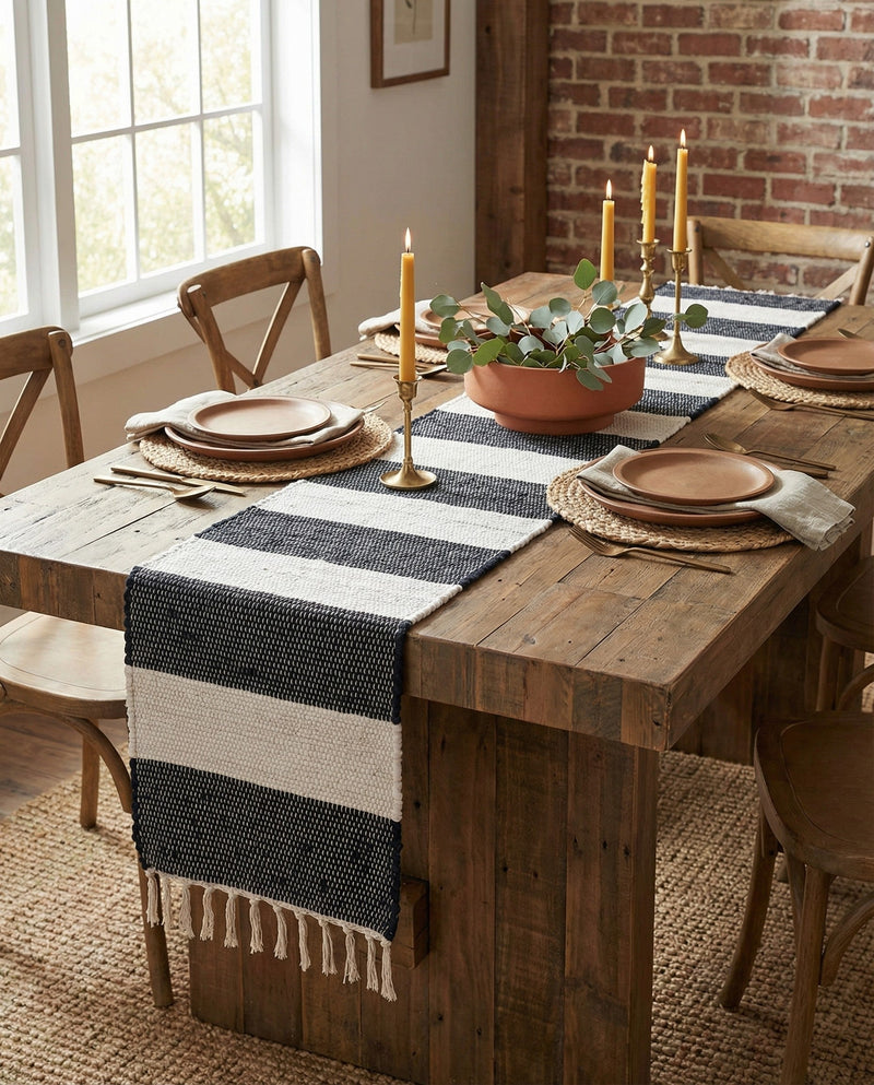 Tassel Trail Collection Area Rug - Pathway (Navy Blue) Table Runner Navy Blue  lifestyle 37