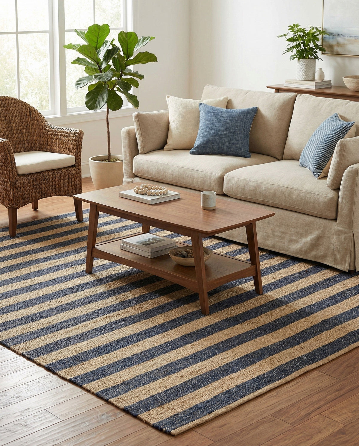 Woven Seaside Jute Collection Area Rug - Nantucket Square Navy Ivory  lifestyle 81