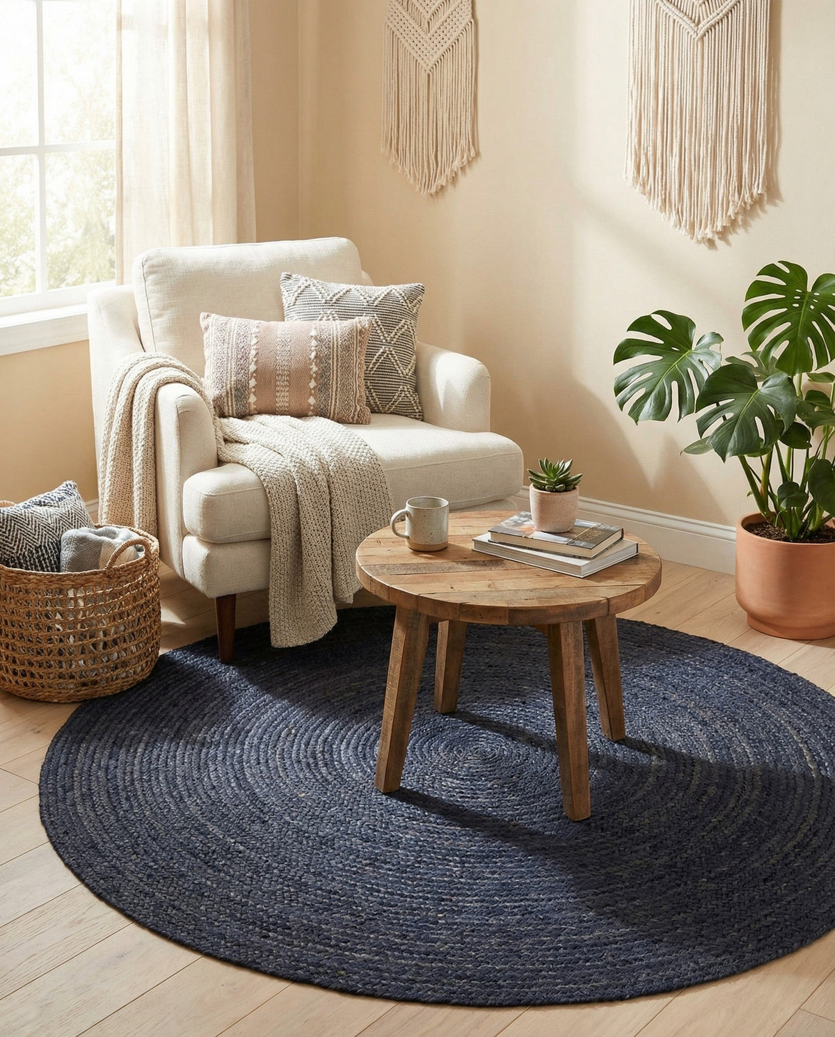 Woven Seaside Jute Collection Area Rug - Savannah (Navy Blue) Round Navy Blue  lifestyle 91