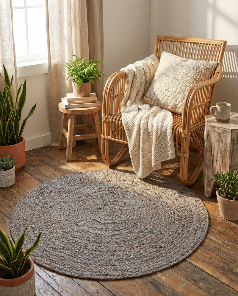 Woven Seaside Jute Collection Area Rug - Savannah (Gray) Round Gray  lifestyle 51