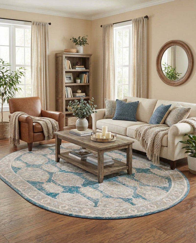 Seville Stripes Collection Area Rug -  Granada (Blue) Oval Blue  lifestyle 55