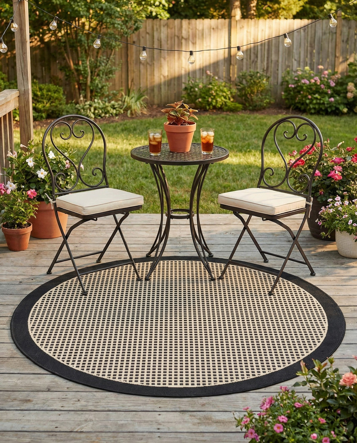 Terrace Fringe Collection Area Rug - Oceanside Round Black  lifestyle 173