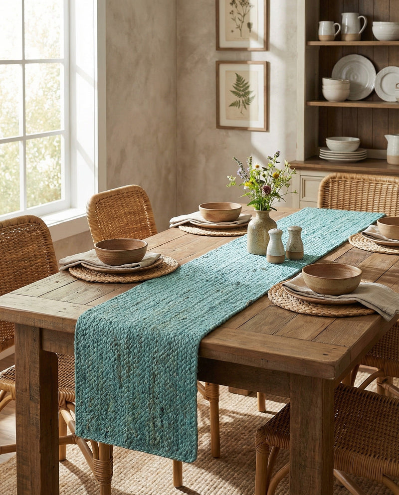Woven Seaside Jute Collection Area Rug - Savannah (Turquoise) Table Runner Turquoise  lifestyle 44