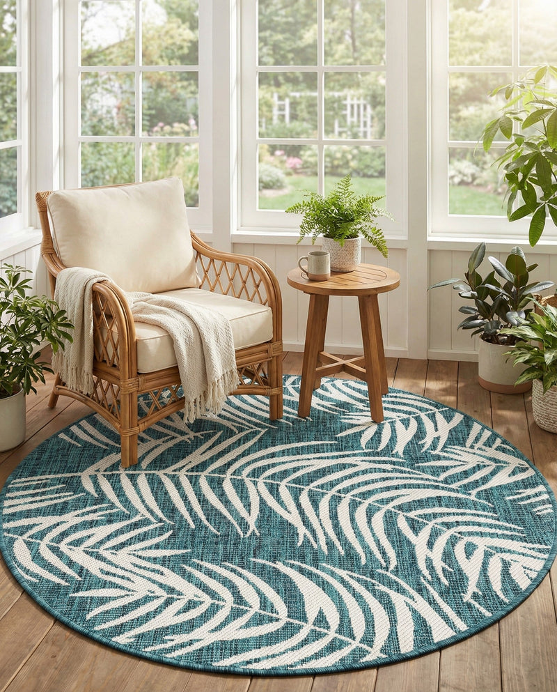 Seaside Blooms Collection Area Rug - Verdure (Teal) Round Teal  lifestyle 65