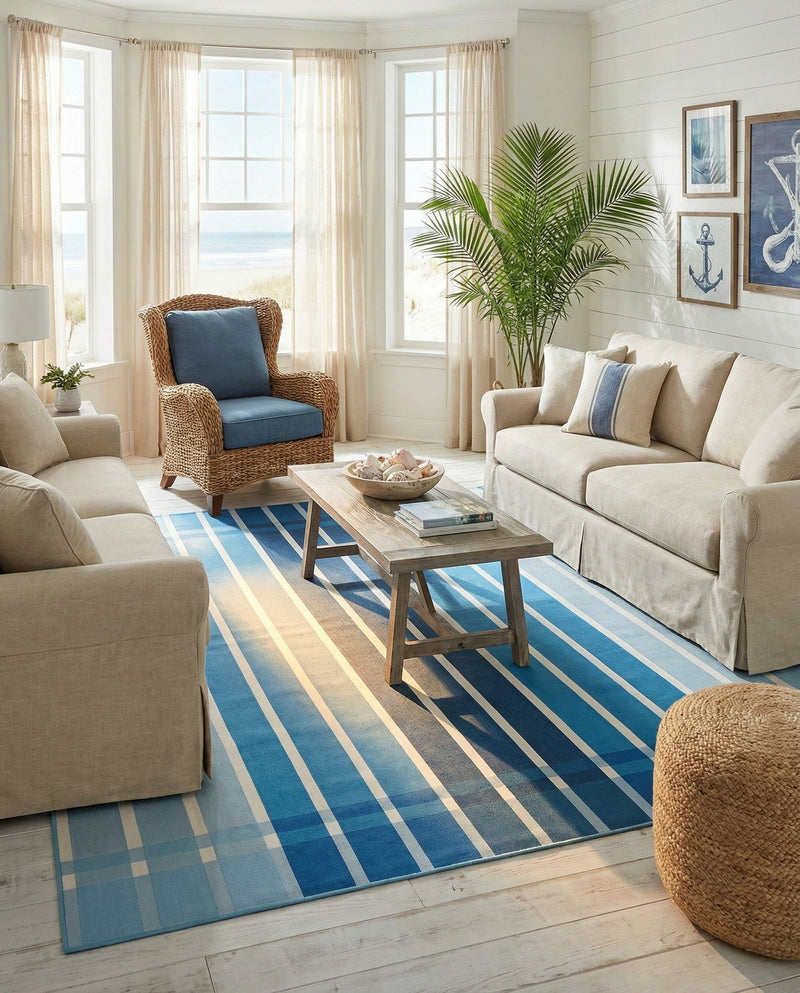 Seaside Stripes Collection Area Rug -  Coral Rectangle Blue  lifestyle 21