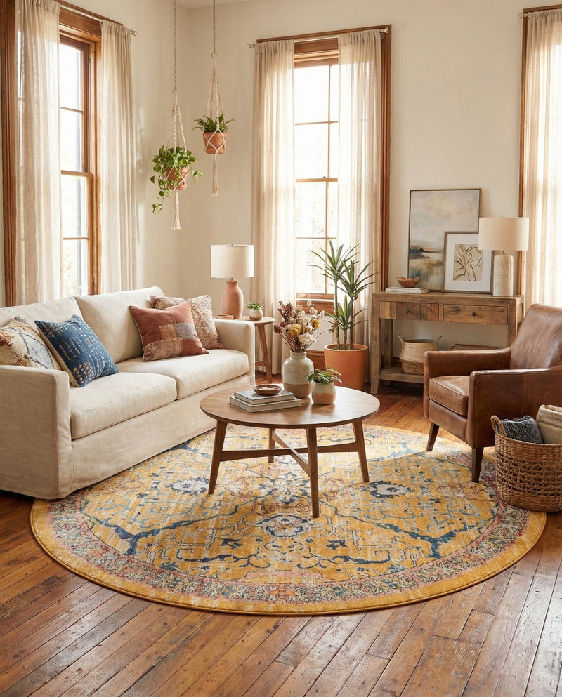Seville Stripes Collection Area Rug -  Malaga (Yellow) Round Yellow  lifestyle 33