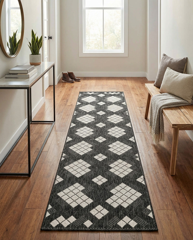 Urban Terrace Collection Area Rug -  Williamsburg Runner Black and White  lifestyle 57