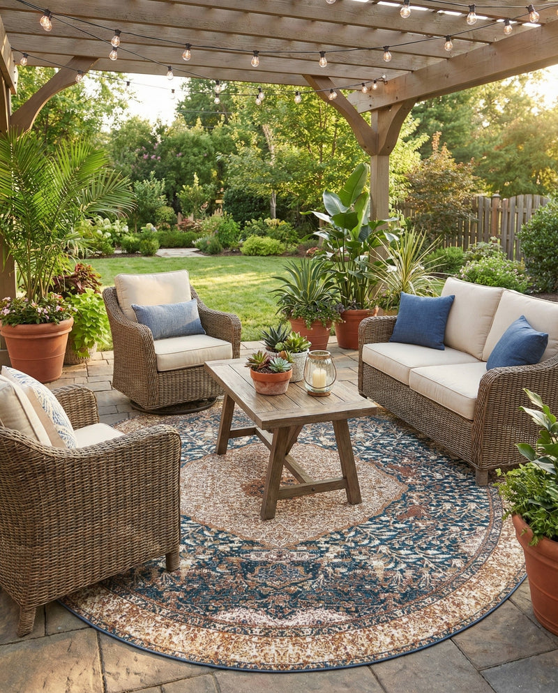 Patio Heritage Collection Area Rug -  Courtyard Round Navy Blue and Light Pink  lifestyle 57