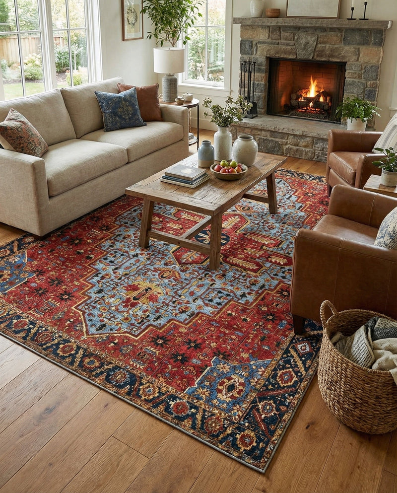 Patio Heritage Collection Area Rug -  Garden Rectangle Rust Red and Blue  lifestyle 37
