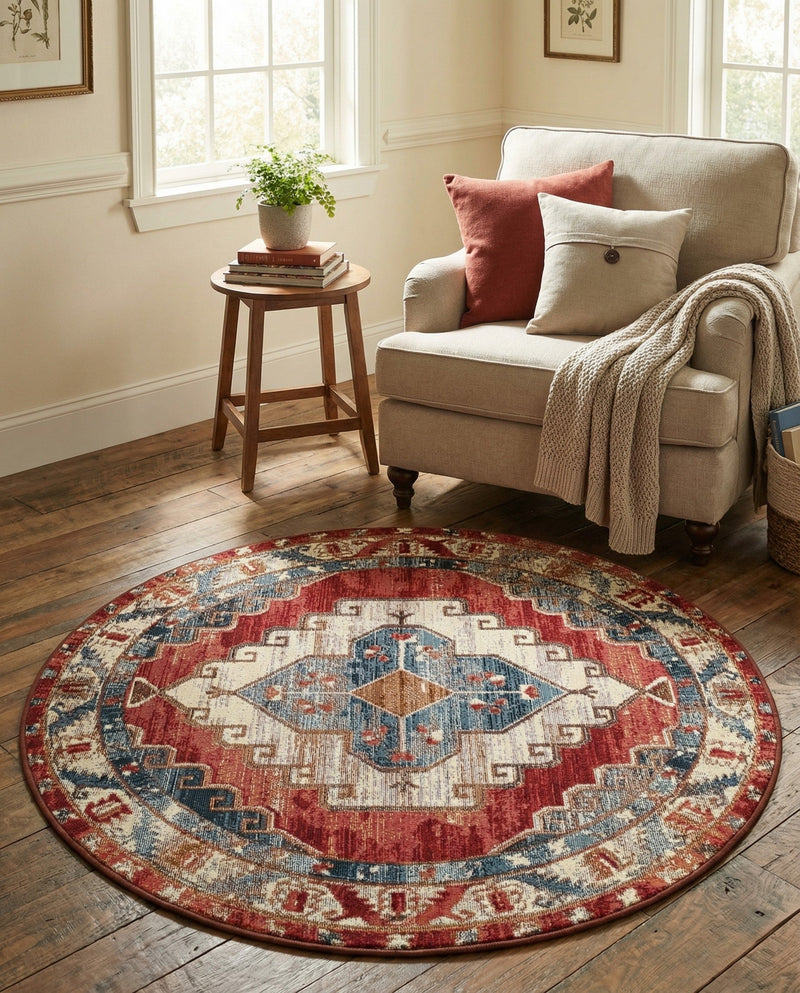 Patio Heritage Collection Area Rug -  Alcove Round Red and Navy Blue  lifestyle 33