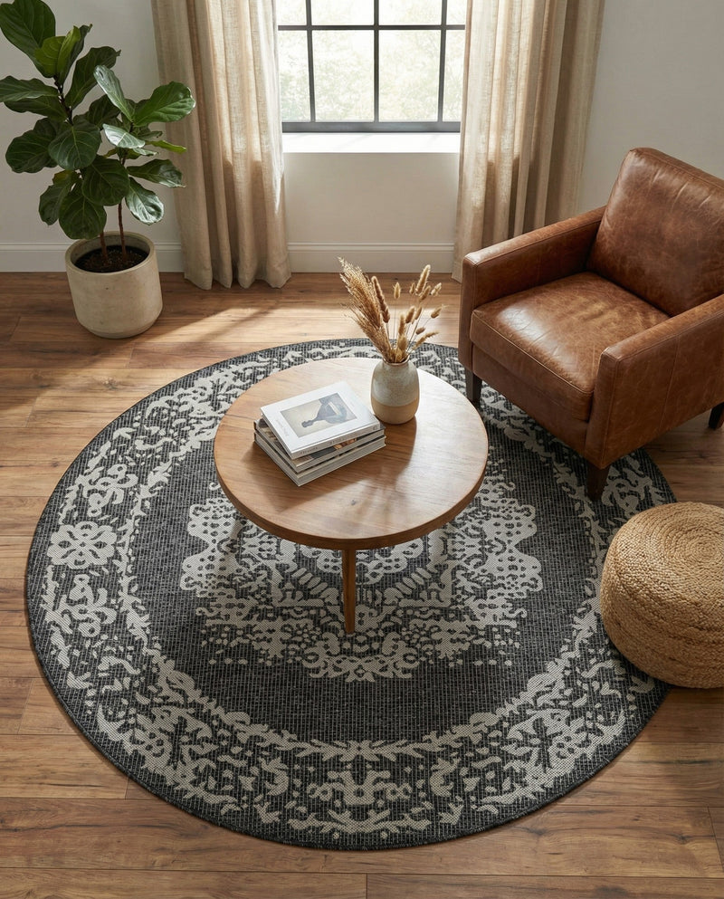 Patio Heritage Collection Area Rug - Savannah (Charcoal Gray) Round Charcoal Gray  lifestyle 76