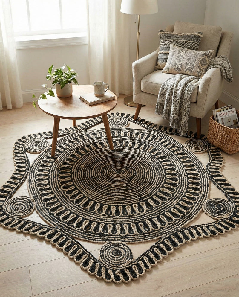 Woven Seaside Jute Collection Area Rug - Nantucket Round Black and White  lifestyle 25