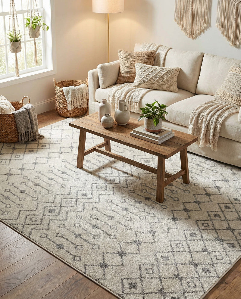 Mediterranean Lattice Collection Area Rug - Santorini (Ivory and Gray) Rectangle Ivory and Gray  lifestyle 10