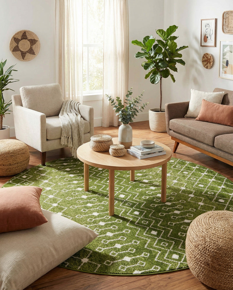 Mediterranean Lattice Collection Area Rug - Santorini (Green) Round Green  lifestyle 23