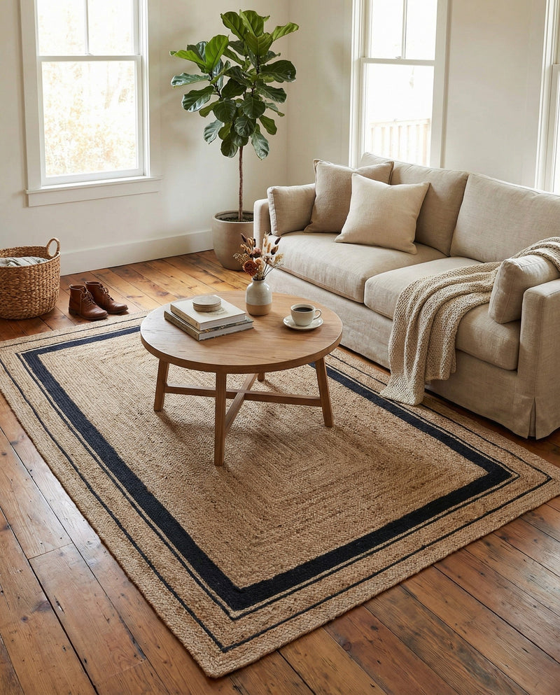 Woven Seaside Jute Collection Area Rug - Nantucket Rectangle Natural and Navy Blue  lifestyle 30
