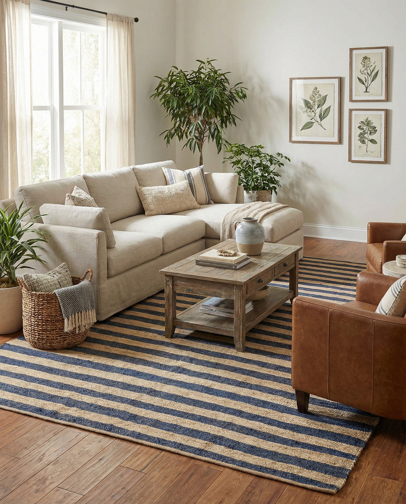 Woven Seaside Jute Collection Area Rug - Nantucket Rectangle Navy Ivory  lifestyle 27