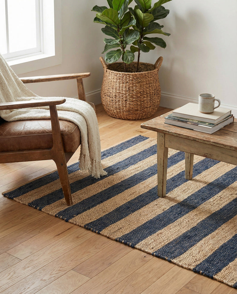 Woven Seaside Jute Collection Area Rug - Nantucket Rectangle Navy Ivory  lifestyle 30
