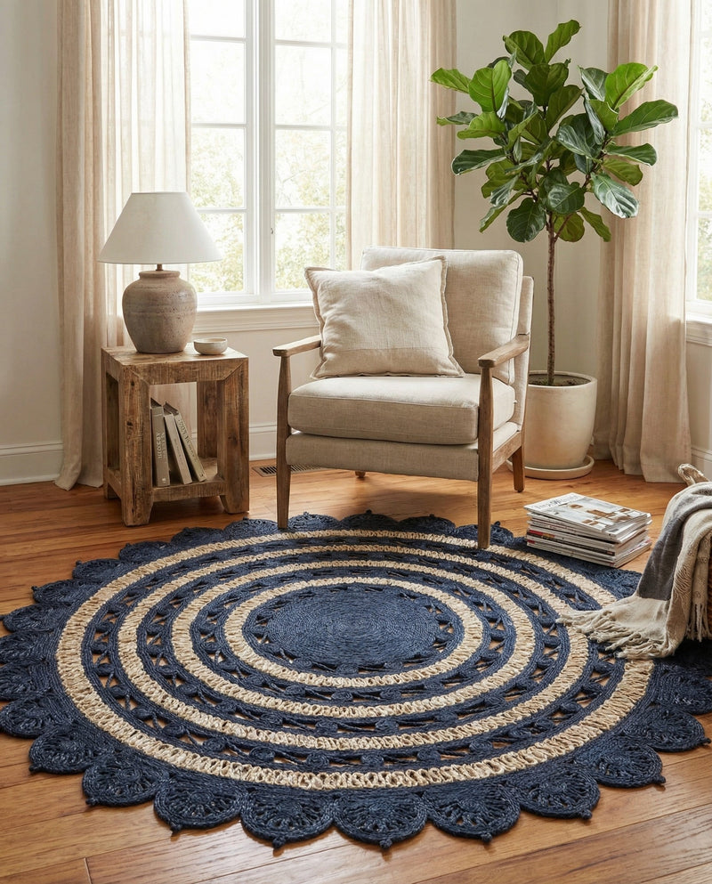Woven Seaside Jute Collection Area Rug - Coastalhaven (Navy Blue and White) Round Navy Blue and White  lifestyle 33
