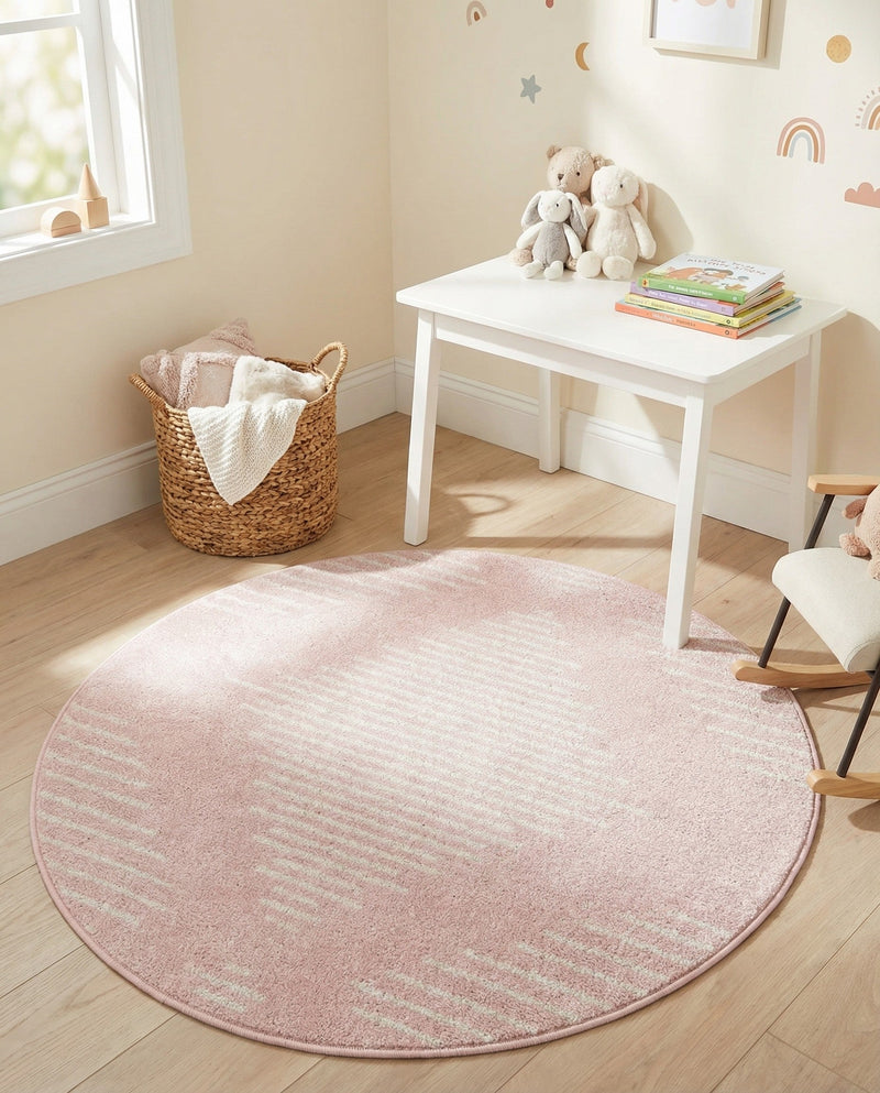 Seychelles Stripes Collection Area Rug - Mahe (Pink) Round Pink  lifestyle 42