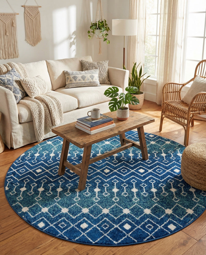 Mediterranean Lattice Collection Area Rug - Santorini (Navy and Teal) Round Navy and Teal  lifestyle 62